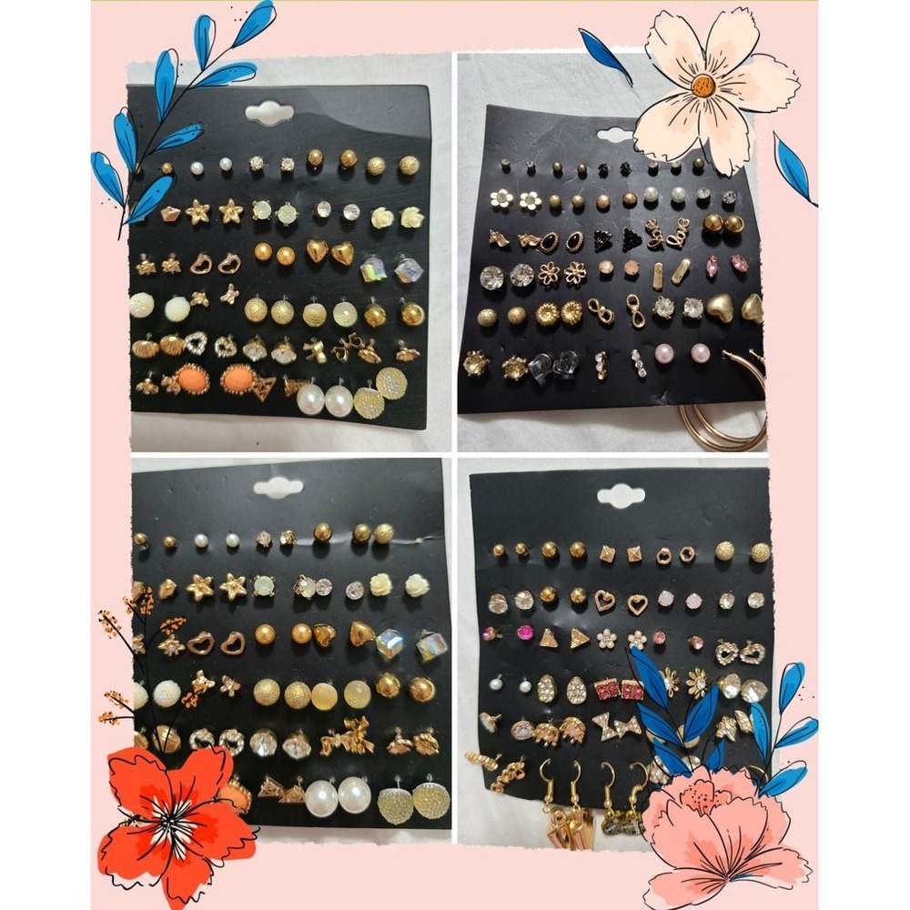 Bulk Lot Fashion Earring Set Gold Tone Studs Hoops Pearls Rhinestones 100+ Pairs